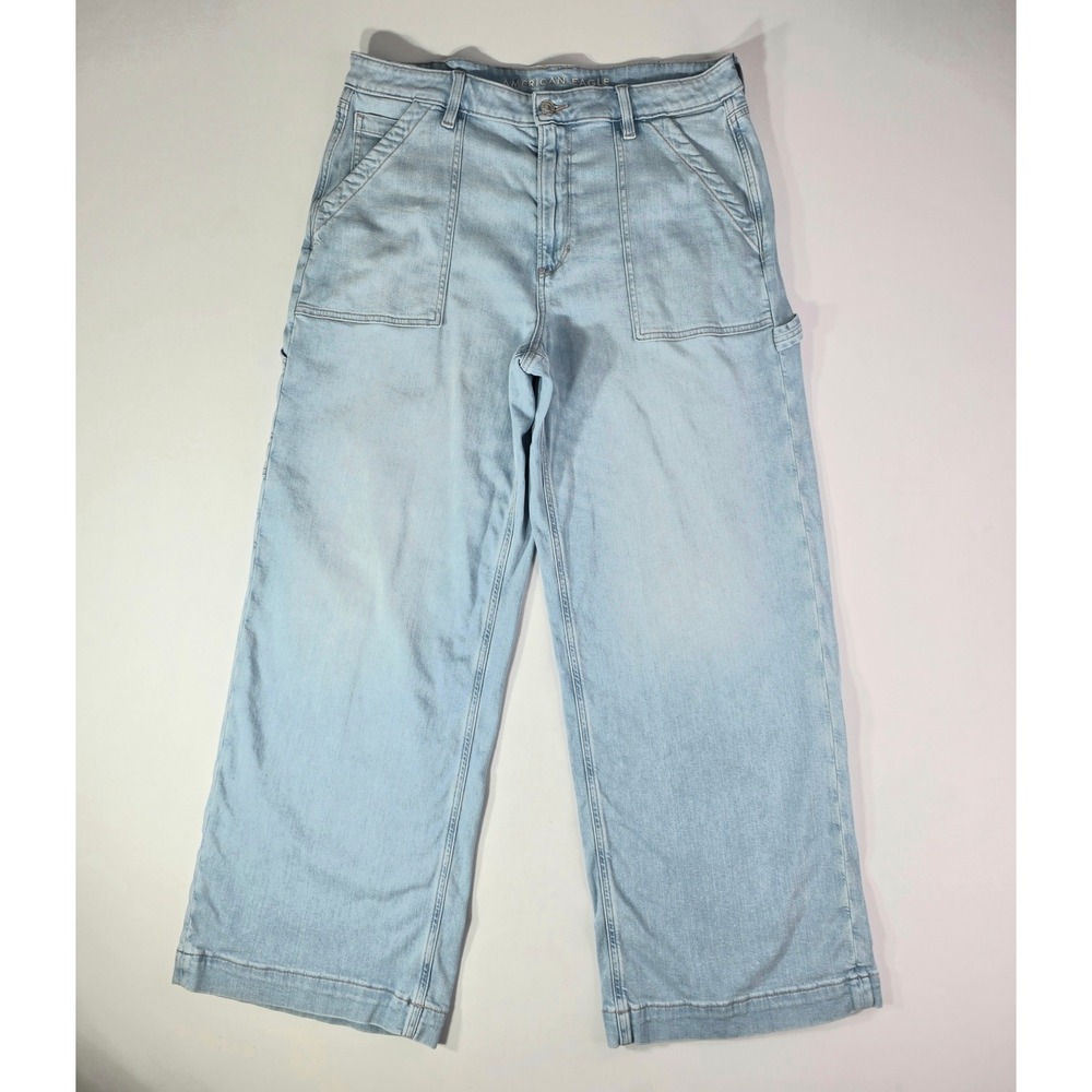 American Eagle Carpenter Jeans Womens 14 Light Wash Wide Leg Utility Stretch